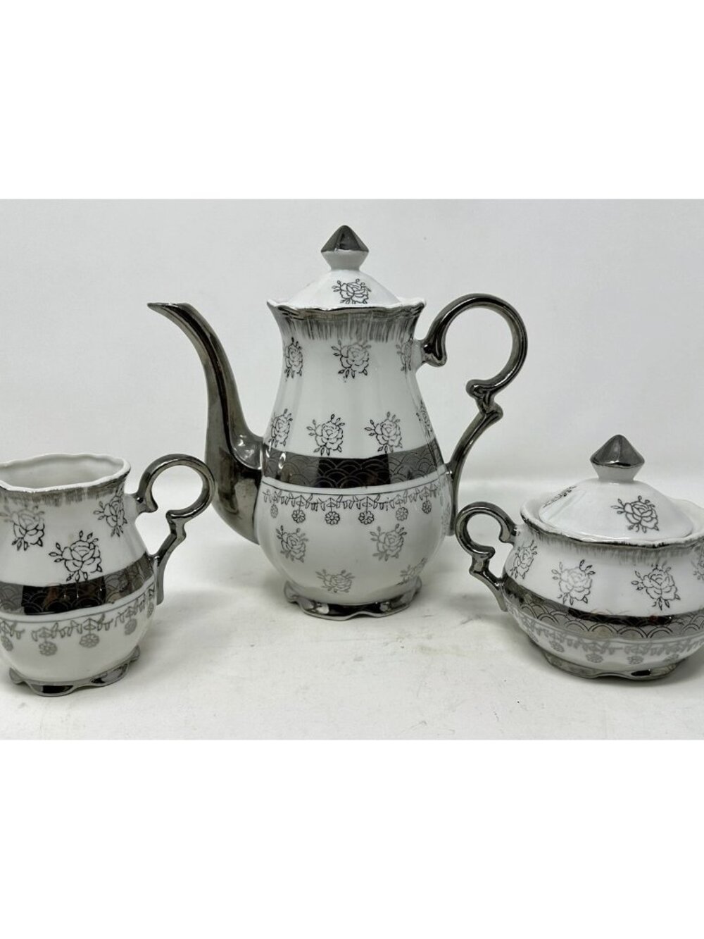 STERLING CHINA 3 Pce Set Tea Pot w/Lid Creamer Sugar Floral Platinum Trim Japan